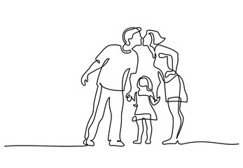 Continuous one line drawing. Happy family father and mother kissing, girl daughter looking. Vector illustration.