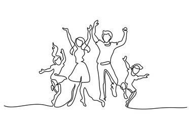Continuous one line drawing. Happy family mother and father dancing with children. Vector illustration. Concept for logo, card, banner, poster, flyer
