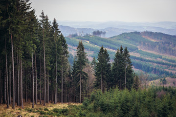 Aerial view from Cab mountain in tourist district Beskids - Moravian Wallachia near Vsetin town, Czech Republic