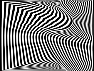 Abstract black and white striped wavy background. Geometric pattern with visual distortion effect. Optical illusion. Op art.
