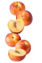 Falling peach isolated on white background with clipping path