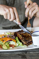 South African braai, kudu steak with salad at Kruger Safari Park