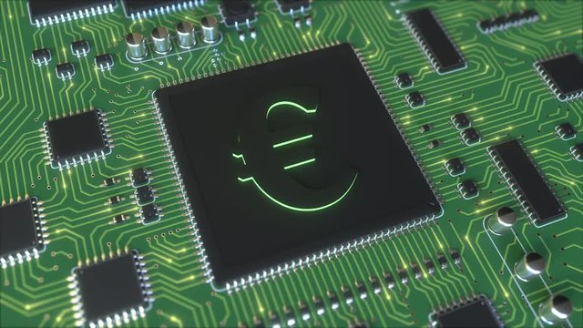 Euro sign on a chipset. Conceptual 3D animation