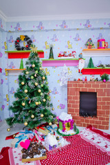 New year gifts and toys . New year decor . New Year tree . New Year's stove .