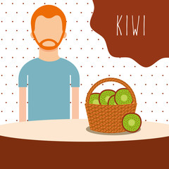 man with wicker basket filled fruit kiwi