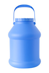 Plastic water and liquids barrel storage. Blue jerrycan or container with cap and handles, isolated on white background.