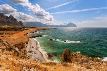 Fototapeta na wymiar Trapani province, Sicily, Italy - Sea bay and beach view from coastline between San Vito lo Capo and Scopello