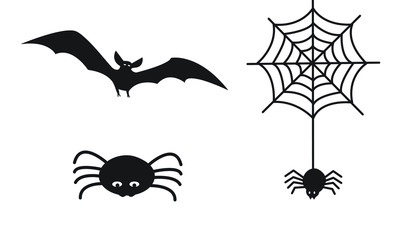 set of Halloween icon symbols, spider hanging from web, spooky vampire bat and stylized cute black spider, isolated on white background, simple flat cartoon vector illustration