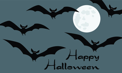 Happy Halloween card with scary black and white flying vampire bats swarm, full moon gray background and calligraphy, simple flat cartoon vector illustration