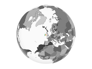 Ireland with flag on globe isolated