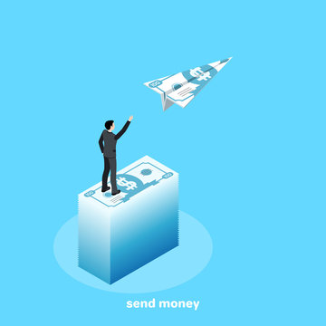 isometric image, a man in a business suit stands on a high pile of money and launches an airplane out of a cash bill