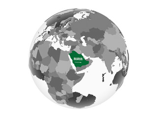 Saudi Arabia with flag on globe isolated