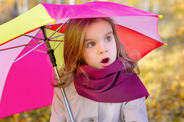 happy child girl with an umbrella  on an autumn walk.