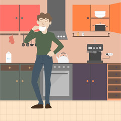 Young caucasian man standing in his kitchen and drinking a cup of coffee. Cozy kitchen interior with cooking devices, cupboard and dishes. Flat style vector illustration.
