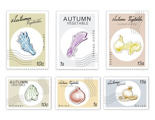 Autumn Vegetables, Post Stamps Set of Hand Drawn Sketch Green Soybean or Edamame, Celeriac, Garlic Chives or Allium Tuberosum, Onion and Shallot in Trendy Origami Paper Art Style. 