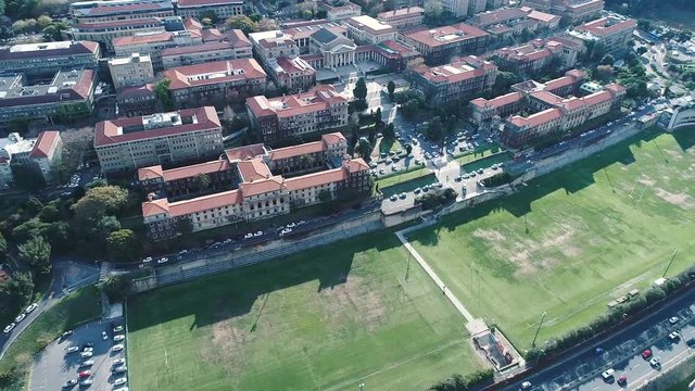Drone skyview of Cape Town, Table Mountain, Devil's pick, UCT colleges, streets, cars, rush hour, shoot with Phantom 4 pro in 2018 South Africa