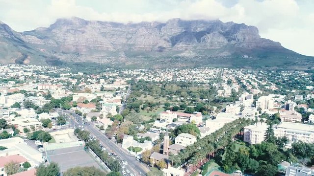 Drone skyview of Cape Town, Table Mountain, Devil's pick, UCT colleges, streets, cars, rush hour, shoot with Phantom 4 pro in 2018 South Africa