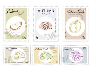 Autumn Fruits, Post Stamps Set of Hand Drawn Sketch Elongated or Witch Fingers Grapes with Moon Drops, Pione Grapes, Apple and Firethorn Berries in Origami Paper Art Carving Style. 