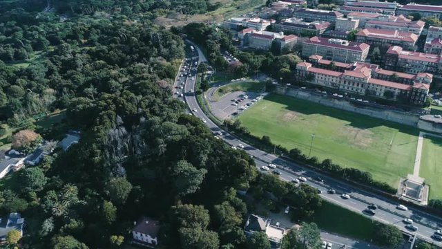 Drone skyview of Cape Town, Table Mountain, Devil's pick, UCT colleges, streets, cars, rush hour, shoot with Phantom 4 pro in 2018 South Africa