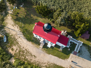 Aerial Drone image of the East Point Lighthouse on the Maurice River entrance to the Delaware Bay outside of Cape May