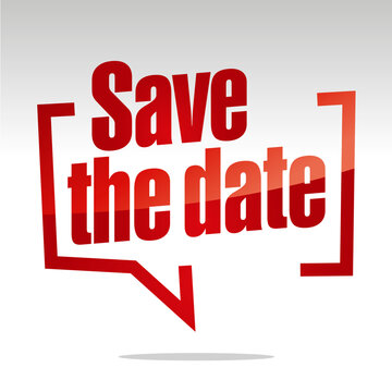 Save the date in brackets speech red white isolated sticker icon