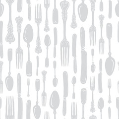 Seamless Vintage Heirloom Silverware - Fork, Spoon, Knife - Vector Repeat Pattern in Subtle Gray on Light Background