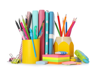 Fototapeta premium Different colorful stationery on white background. Back to school