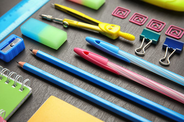Different stationery on wooden table. Back to school