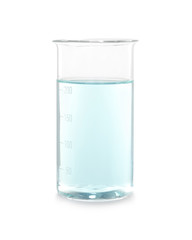 Laboratory beaker with liquid on white background. Chemical analysis