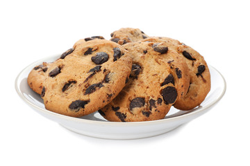 Plate with chocolate chip cookies on white background