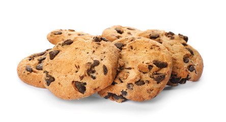 Tasty cookies with chocolate chips on white background
