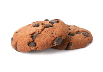 Tasty cookies with chocolate chips on white background