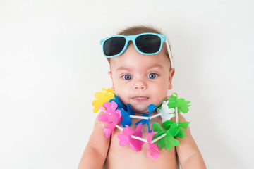 Funny baby boy wearing Hawaii costume - Isolated background