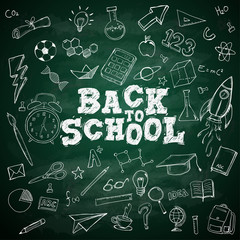 Fototapeta na wymiar Back to School Text School Stationary Doodles on Blackboard