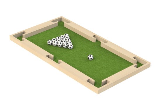 Ground pool snookball game with football balls on green grass reaching goal.  3D rendering, 3D illustration,