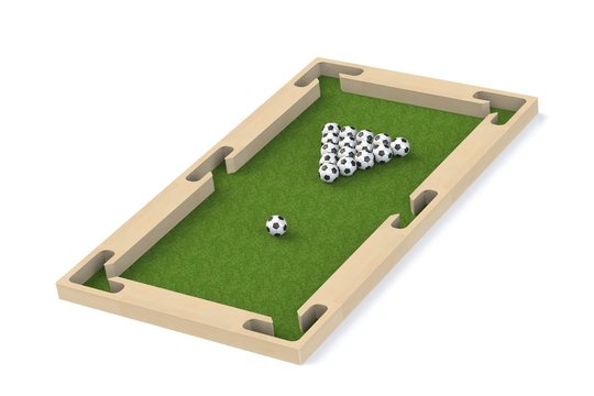Ground pool snookball game with football balls on green grass reaching goal.  3D rendering, 3D illustration,