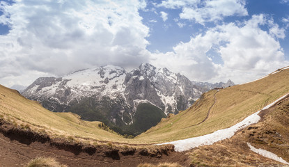 Panorama on the Marmolada massif and Viel del Pan Hut, Dolomites, Trentino, Italy