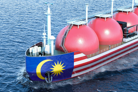Malaysian gas tanker sailing in ocean, 3D rendering