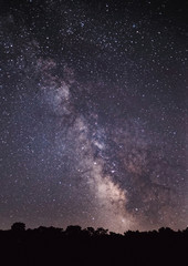 Milky Way Galaxy core in star filled night  sky over forest with light dome on horizon