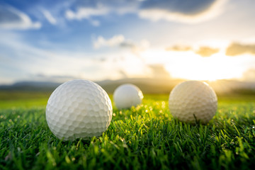 close up the golf ball on the green background with sunset