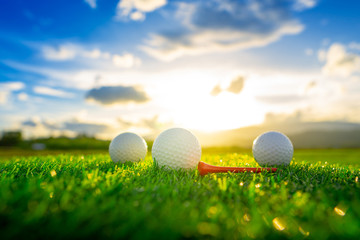 close up the golf ball and red tee pegs on the green background with sunset