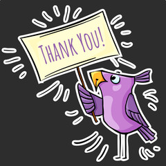 Funny sticker violet bird with poster thank you