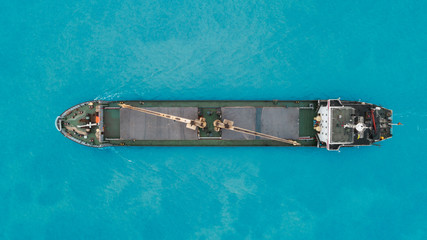 Aerial view empty container ship from sea port for import  export or transportation concept background.