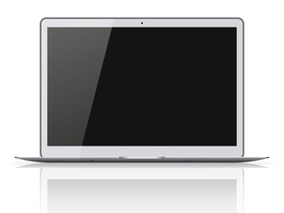 Modern laptop with black screen isolated on white background.