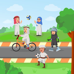 Arabian Kids Playing Together in Garden Carton Vector Illustration