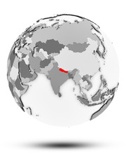 Nepal on political globe isolated
