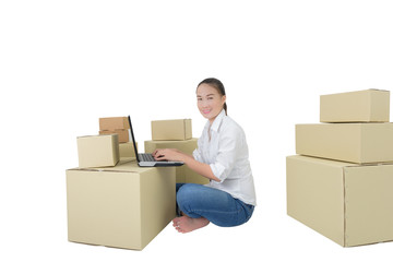 teenager owner business woman work at home with laptop for online shopping writing the order