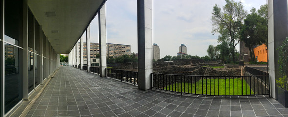 Mexico City, Mexico. July 2016. Tlatelolco ruins and  Centro Cultural Tlatelolco.