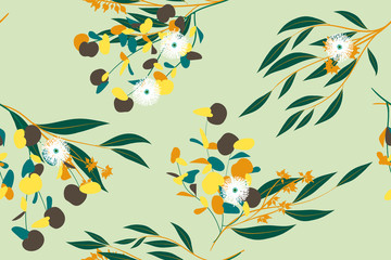 Fototapeta na wymiar Bright Floral Seamless Pattern. Vector Eucalyptus Leaves and Beautiful Blossom Elements. Colorful Botanical Summer Background. Floral Seamless Pattern for Wedding Design, Print, Textile, Fabric, Paper