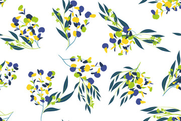 Obraz premium Eucalyptus Vector. Colorful Seamless Pattern with Vector Leaves, Branches and Floral Elements. Elegant Background for Wedding Design, Fabric, Textile, Dress. Eucalyptus Vector in Watercolor Style.